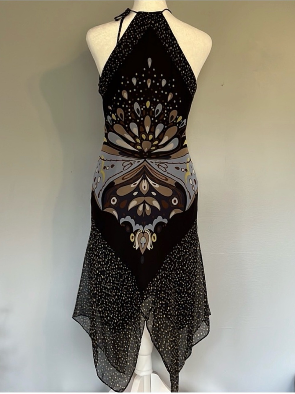 Silk y2k BCBG Halter-Neck Printed Handkerchief Hem Dress